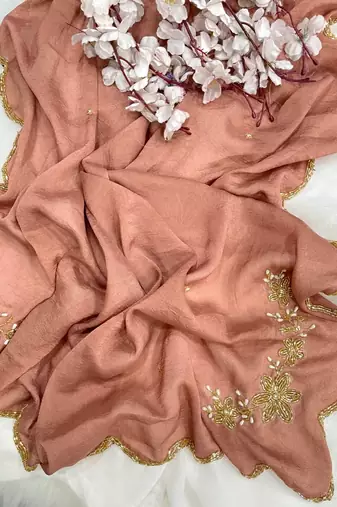 Peach Color hand cutdana khatli Work Silk Blend Saree