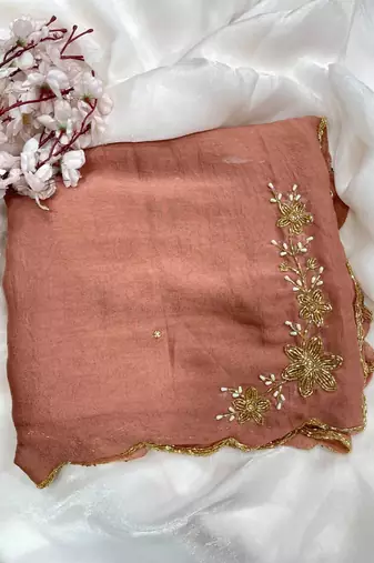 Peach Color hand cutdana khatli Work Silk Blend Saree