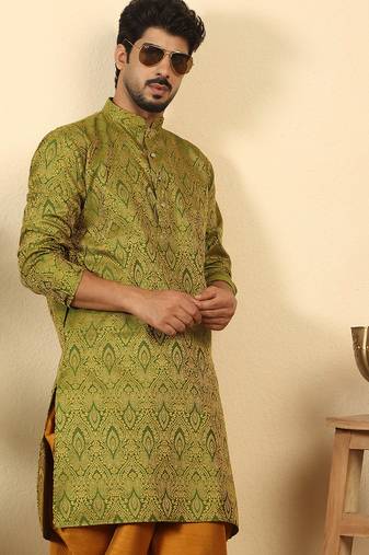silk blend jacquard paisley green kurta