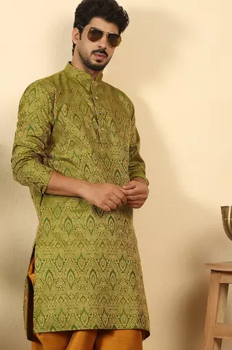 silk blend jacquard paisley green kurta