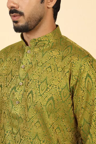 silk blend jacquard paisley green kurta