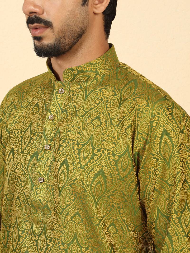 silk blend jacquard paisley green kurta