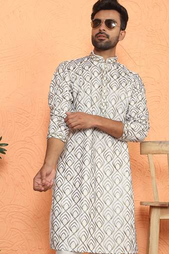 ethnic cotton silk embroidered thread work cream kurta