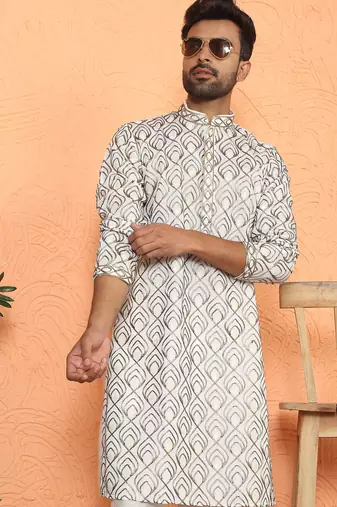 ethnic cotton silk embroidered thread work cream kurta