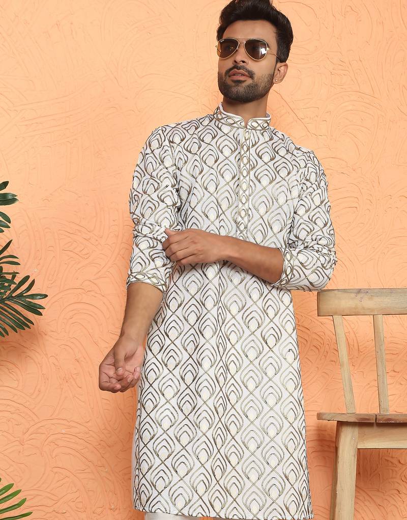 ethnic cotton silk embroidered thread work cream kurta