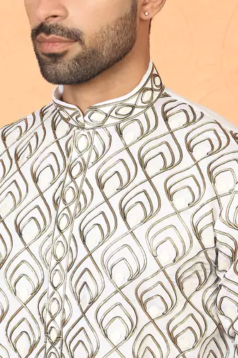 ethnic cotton silk embroidered thread work cream kurta