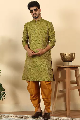 silk blend jacquard paisley green kurta