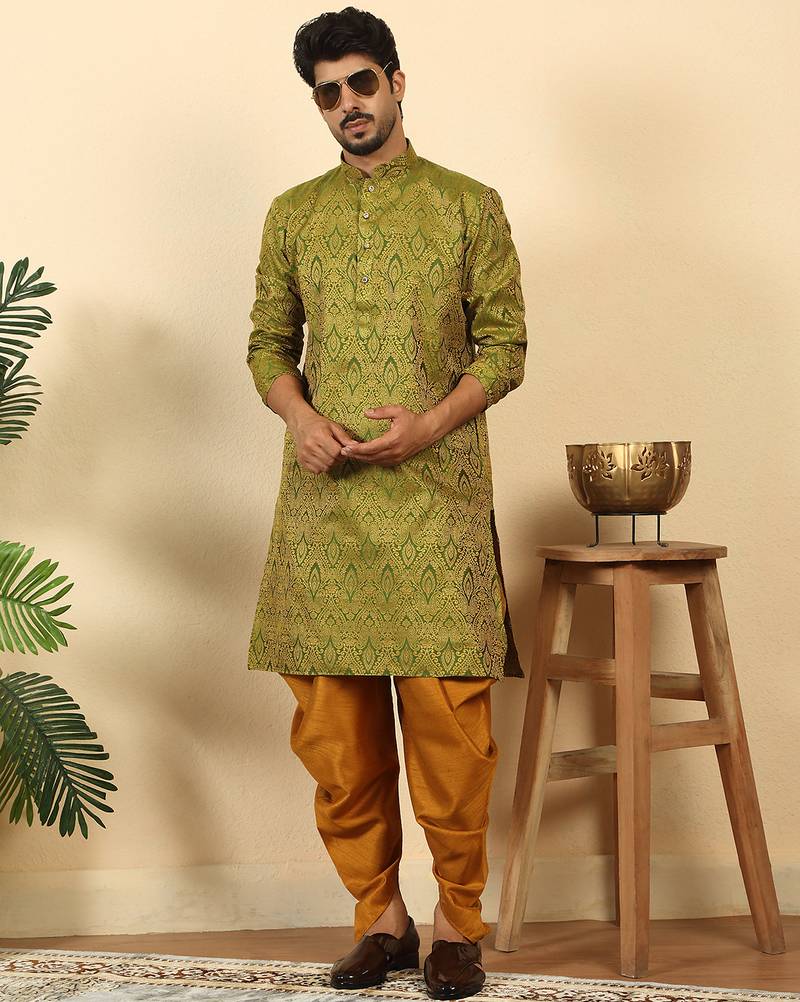 silk blend jacquard paisley green kurta