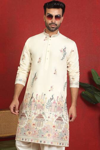 ethnic cotton silk multi embroidered detailed daman work cream kurta