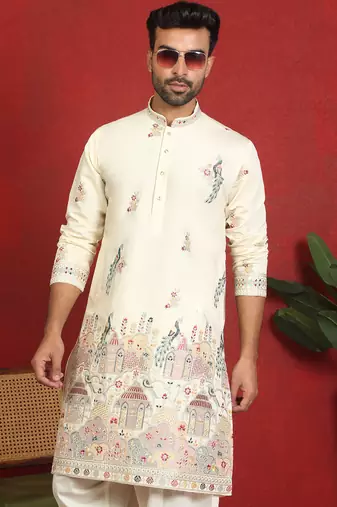 ethnic cotton silk multi embroidered detailed daman work cream kurta