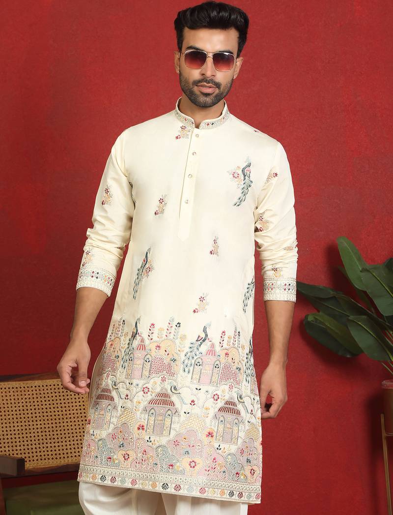 ethnic cotton silk multi embroidered detailed daman work cream kurta
