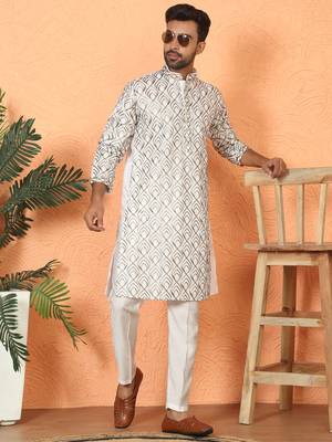 ethnic cotton silk embroidered thread work cream kurta 4