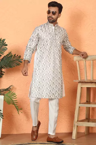 ethnic cotton silk embroidered thread work cream kurta