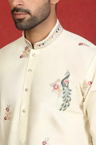 ethnic cotton silk multi embroidered detailed daman work cream kurta