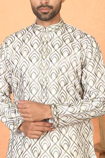 ethnic cotton silk embroidered thread work cream kurta
