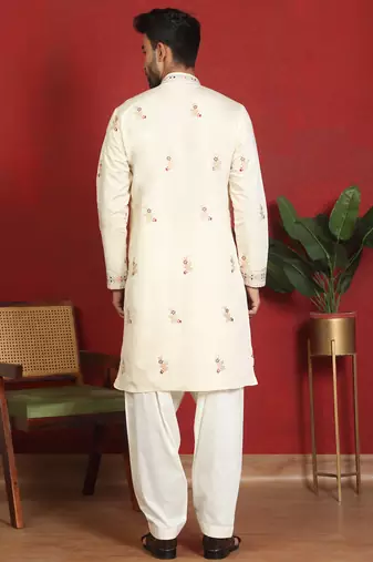 ethnic cotton silk multi embroidered detailed daman work cream kurta
