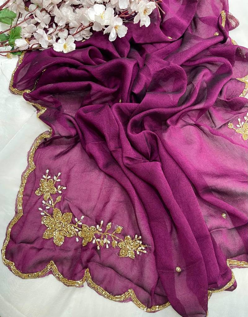 Purple Color hand cutdana khatli Work Silk Blend Saree