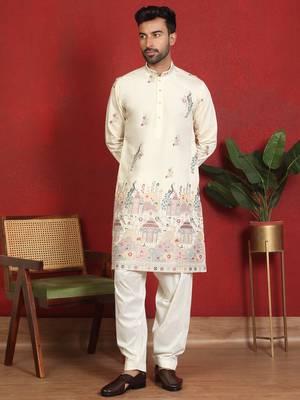 ethnic cotton silk multi embroidered detailed daman work cream kurta 4