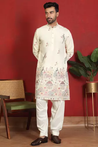 ethnic cotton silk multi embroidered detailed daman work cream kurta