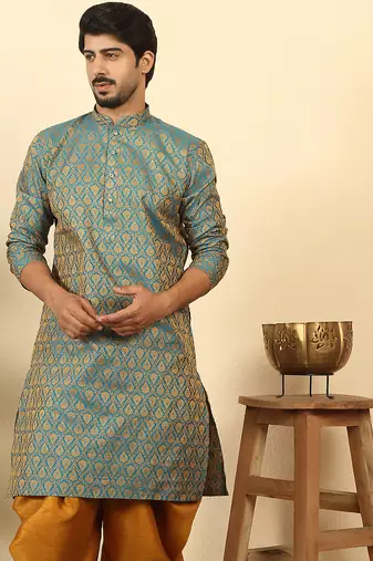 silk blend jacquard paisley blue kurta