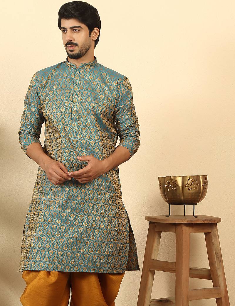 silk blend jacquard paisley blue kurta