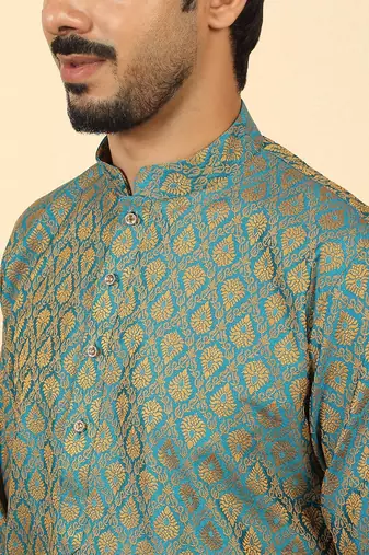 silk blend jacquard paisley blue kurta