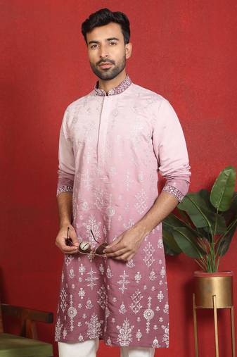 ethnic ombre cotton silk embroidered thread work mauve kurta