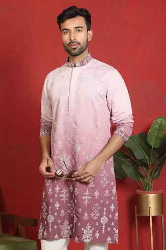 ethnic ombre cotton silk embroidered thread work mauve kurta