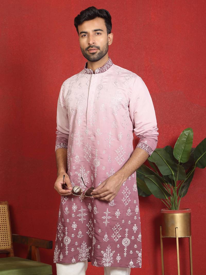 ethnic ombre cotton silk embroidered thread work mauve kurta