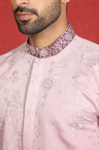 ethnic ombre cotton silk embroidered thread work mauve kurta