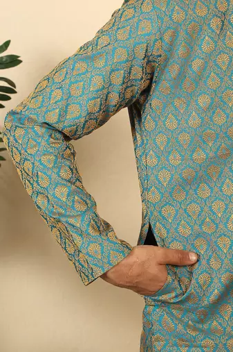 silk blend jacquard paisley blue kurta