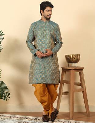 silk blend jacquard paisley blue kurta 5