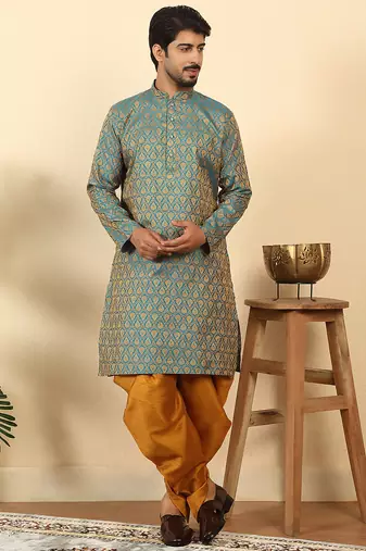 silk blend jacquard paisley blue kurta