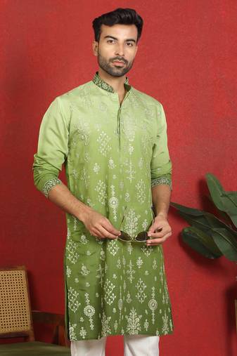ethnic ombre cotton silk embroidered thread work green kurta