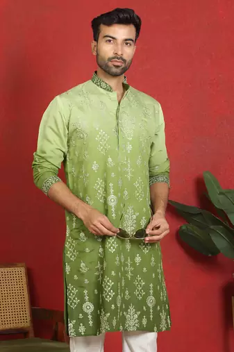 ethnic ombre cotton silk embroidered thread work green kurta