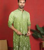 ethnic ombre cotton silk embroidered thread work green kurta