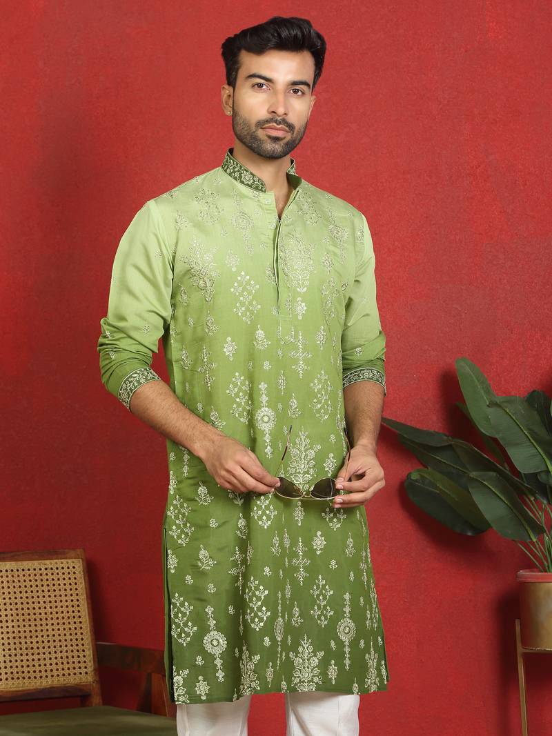 ethnic ombre cotton silk embroidered thread work green kurta