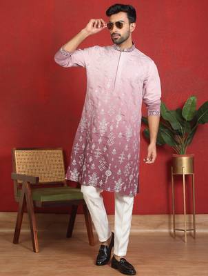 ethnic ombre cotton silk embroidered thread work mauve kurta 4