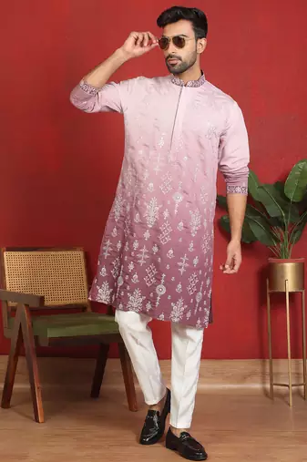 ethnic ombre cotton silk embroidered thread work mauve kurta