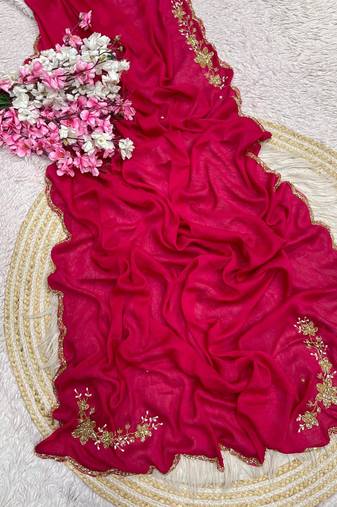 Rani Pink Color hand cutdana khatli Work Silk Blend Saree