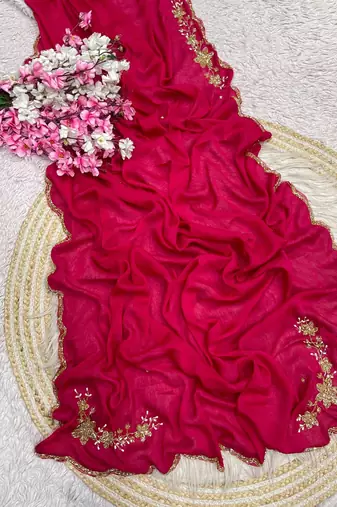 Rani Pink Color hand cutdana khatli Work Silk Blend Saree