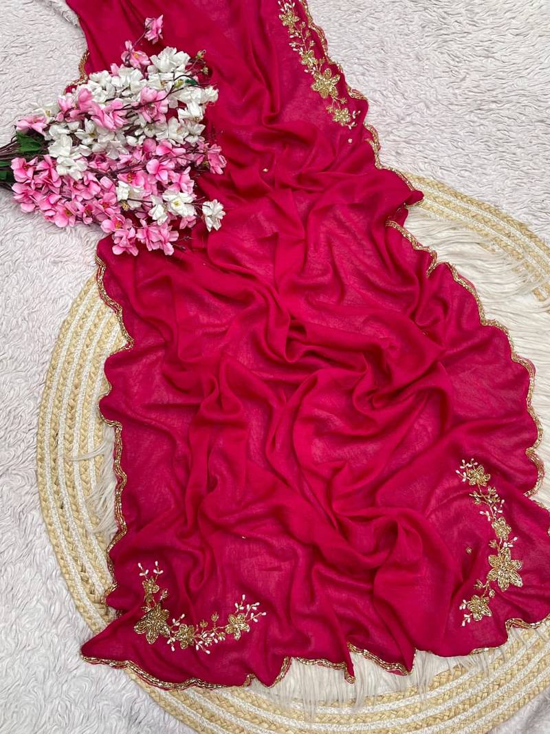 Rani Pink Color hand cutdana khatli Work Silk Blend Saree
