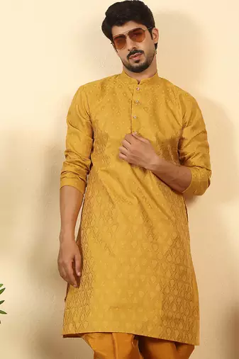 silk blend jacquard paisley yellow kurta