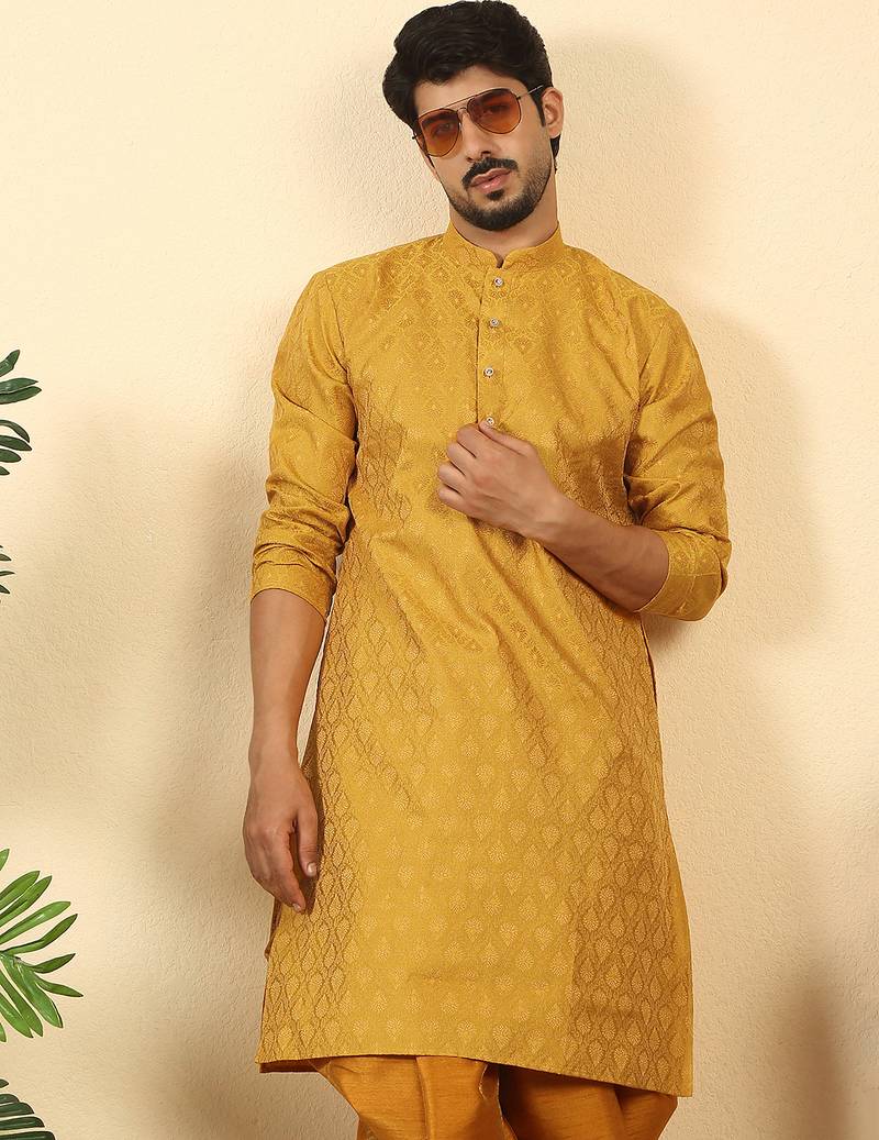 silk blend jacquard paisley yellow kurta