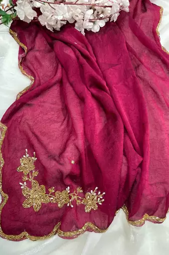Rani Pink Color hand cutdana khatli Work Silk Blend Saree