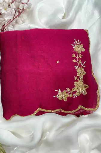 Rani Pink Color hand cutdana khatli Work Silk Blend Saree