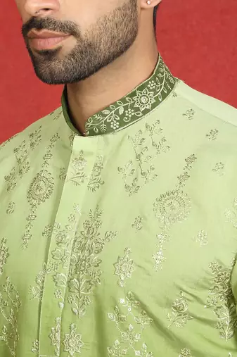 ethnic ombre cotton silk embroidered thread work green kurta