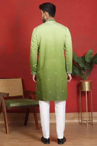 ethnic ombre cotton silk embroidered thread work green kurta