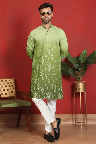 ethnic ombre cotton silk embroidered thread work green kurta