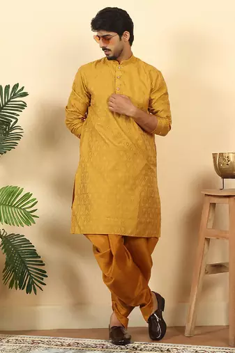 silk blend jacquard paisley yellow kurta